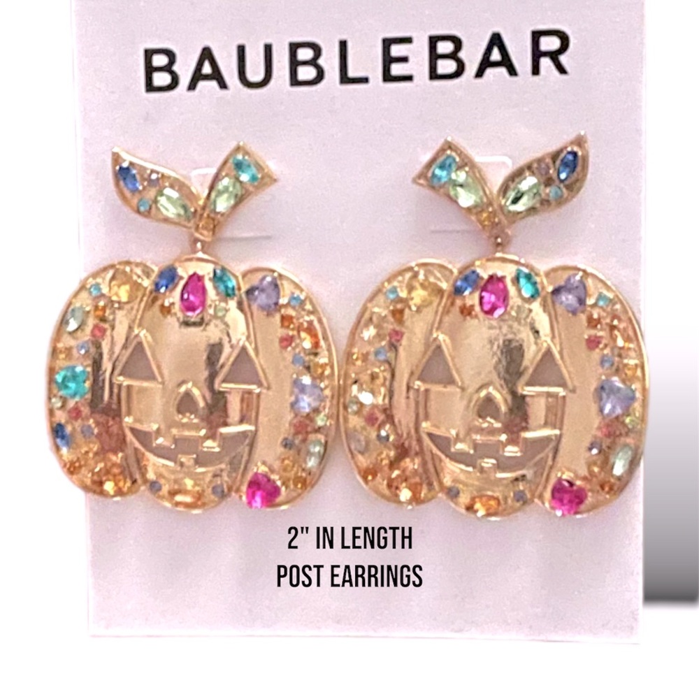 Baublebar Pumpkin Halloween Jack earrings. Gold with various rhinestone accents.